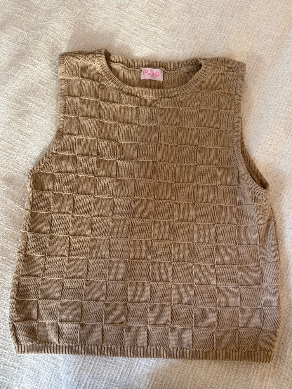 Pink Lily Checkerboard Knit V-Neck Sweater Vest - Taupe